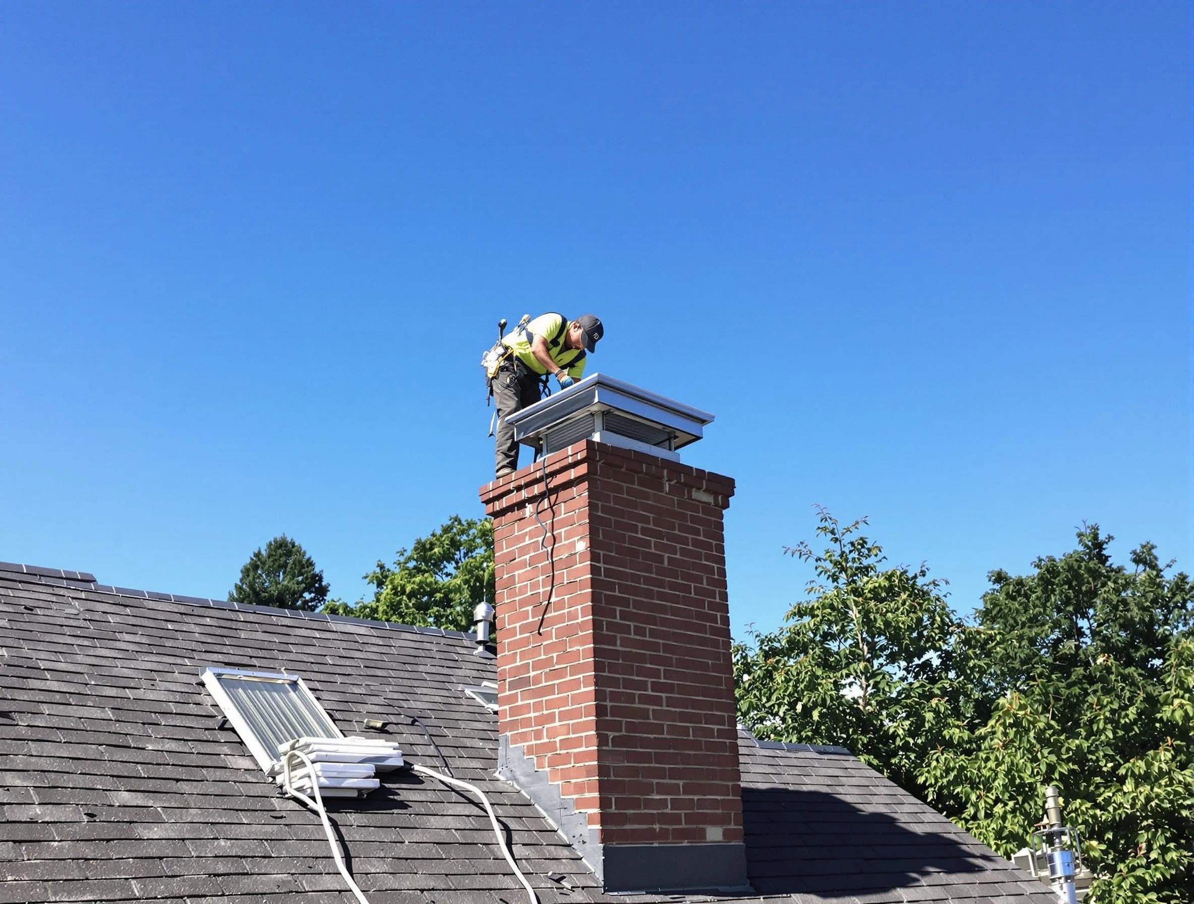 Old Bridge Chimney Sweep technician measuring a chimney cap in Old Bridge, NJ